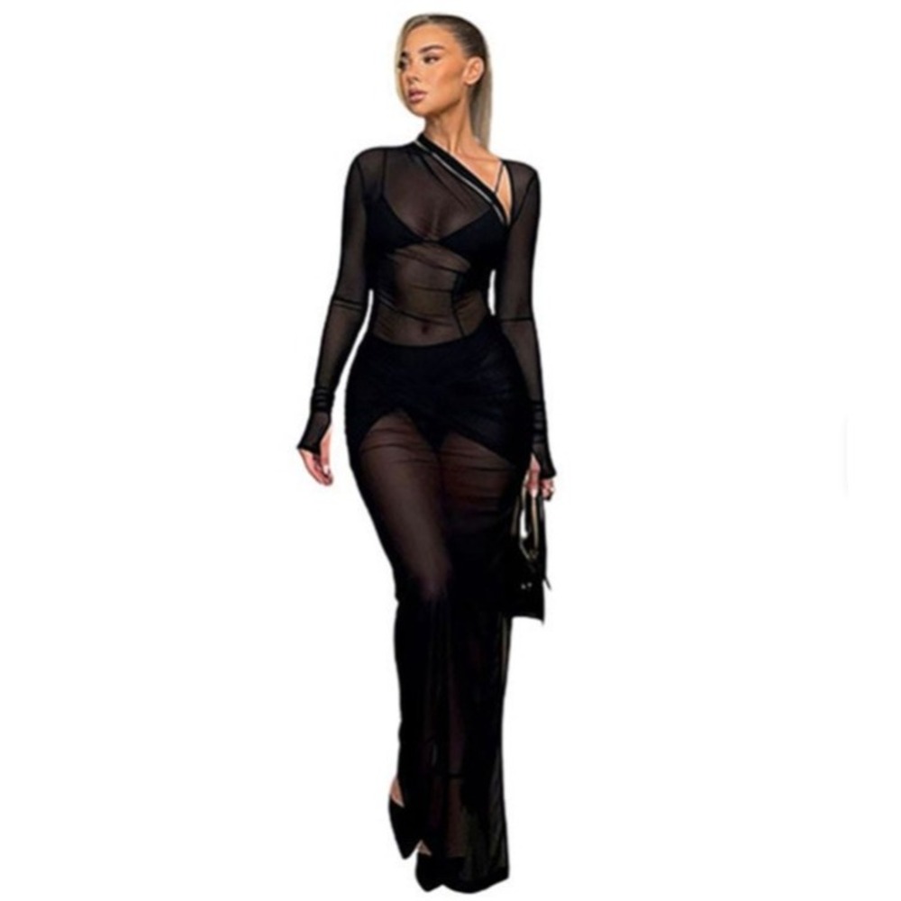 Micas Black Sheer Mesh Cutout Asymmetrical‎ Maxi Dress Avant Garde Edgy M - Picture 2 of 11